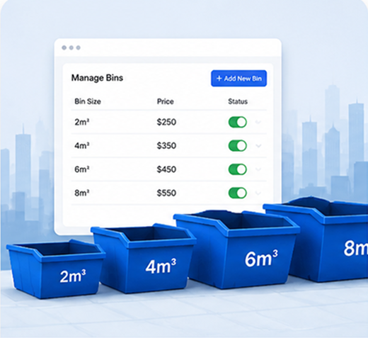 Skip Bin Booking Plugin interface for managing bin sizes, prices, and availability, shown behind four blue skip bins labeled 2m³, 4m³, 6m³, and 8m³.