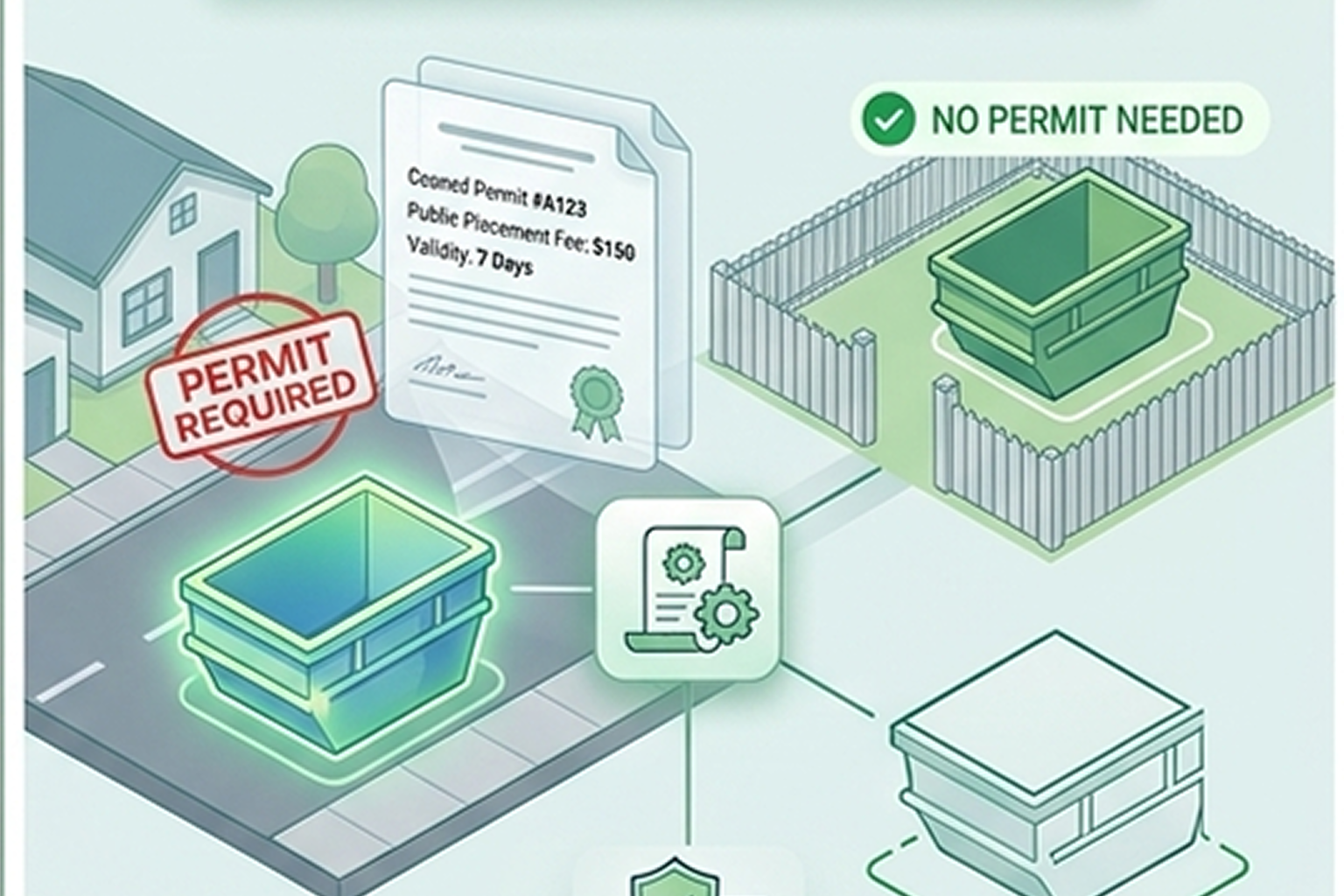Illustration explaining skip bin permit requirements: a permit is needed when placing a bin on a public road, while no permit is required on private property.