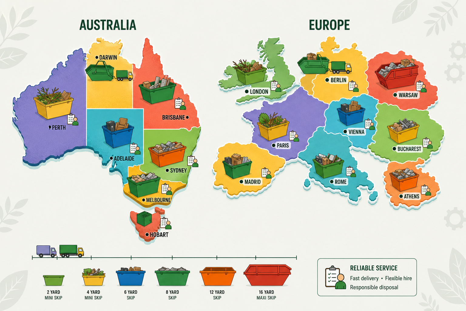 Skip bin service map showing colour-coded coverage and regional pricing across Australia and Europe, with bin-size options and a note highlighting reliable, flexible service.